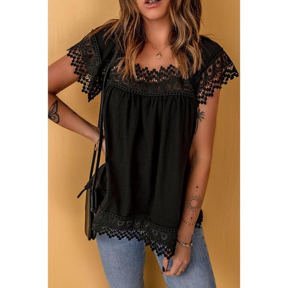 Azura Exchange  Black Lace Pom Pom Splicing Square Neck Blouse - Picture 4 of 7